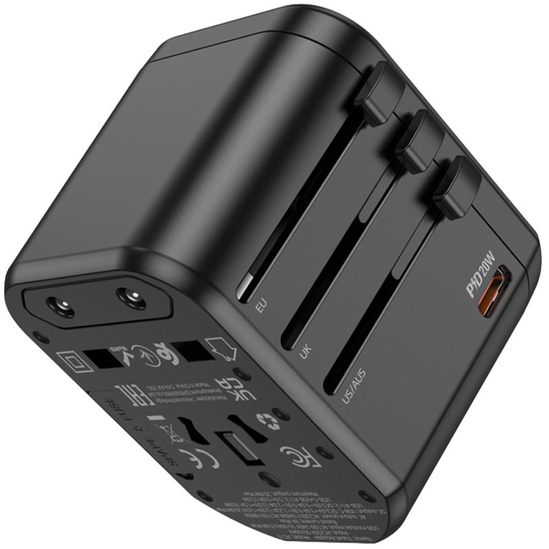 Мережевий універсальний перехідник Hoco AC15 Walker PD 20W + QC 3.0 (2×USB-A / 1×USB-C) (EU) Black
