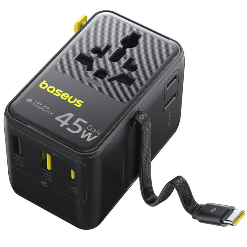 Мережевий універсальний перехідник Baseus AG11 45W with retractable cable (2×USB-A / 1×USB-C/1Socket) (E0307F) Cosmic Black