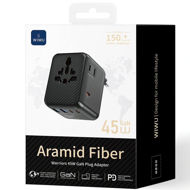 Мережевий універсальний перехідник WIWU UA010 Warrior GaN 45W + 2×USB-A / 3×USB-C Black