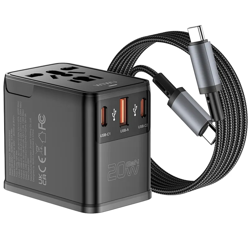 Мережевий універсальний перехідник WIWU UA013 20W GaN + 1×USB-A / 2×USB-C with retractable cable USB-C Black