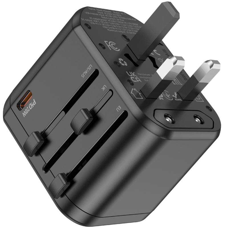 Мережевий універсальний перехідник Hoco AC15 Walker PD 20W + QC 3.0 (2×USB-A / 1×USB-C) (EU) Black