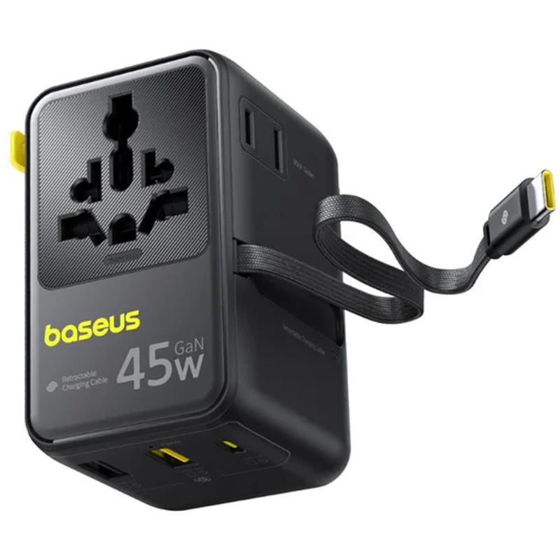 Мережевий універсальний перехідник Baseus AG11 45W with retractable cable (2×USB-A / 1×USB-C/1Socket) (E0307F) Cosmic Black