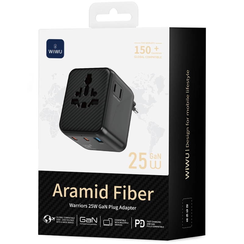 Мережевий універсальний перехідник WIWU UA011 Warrior GaN 25W + 1×USB-A / 2×USB-C Black