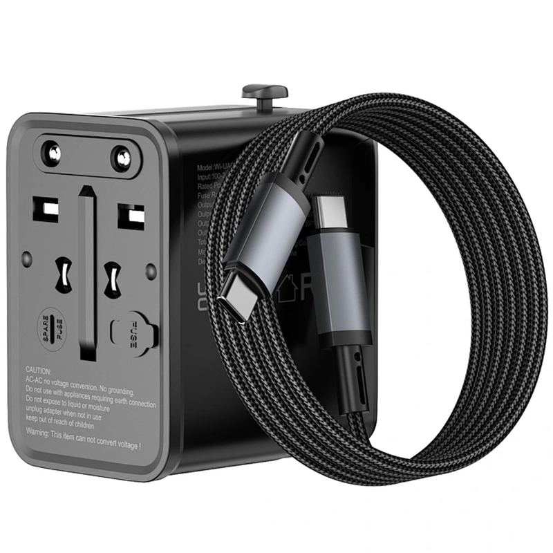 Мережевий універсальний перехідник WIWU UA013 20W GaN + 1×USB-A / 2×USB-C with retractable cable USB-C Black