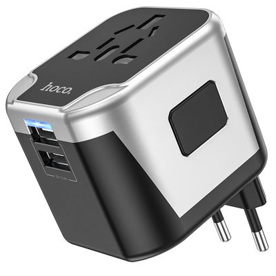 Мережевий універсальний перехідник Hoco AC5 Level 2×USB + Socket Black