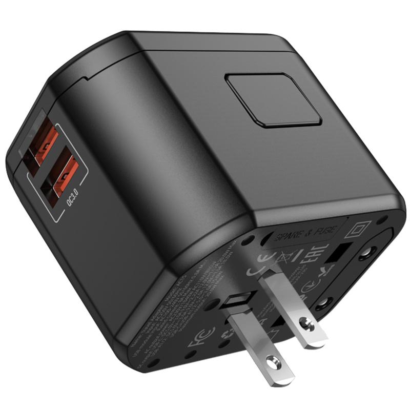 Мережевий універсальний перехідник Hoco AC15 Walker PD 20W + QC 3.0 (2×USB-A / 1×USB-C) (EU) Black