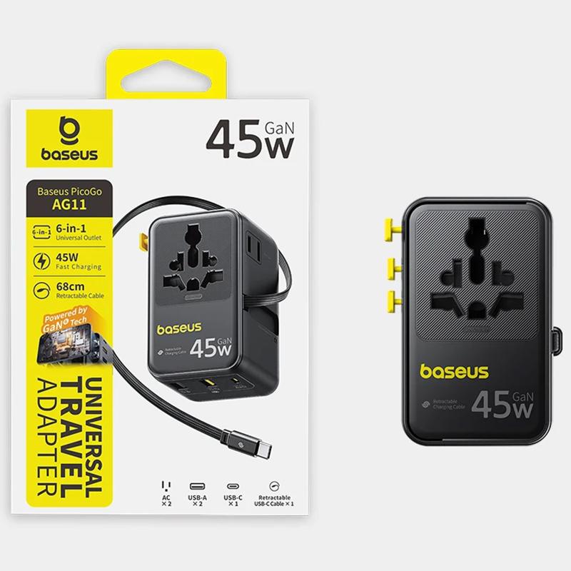 Мережевий універсальний перехідник Baseus AG11 45W with retractable cable (2×USB-A / 1×USB-C/1Socket) (E0307F) Cosmic Black