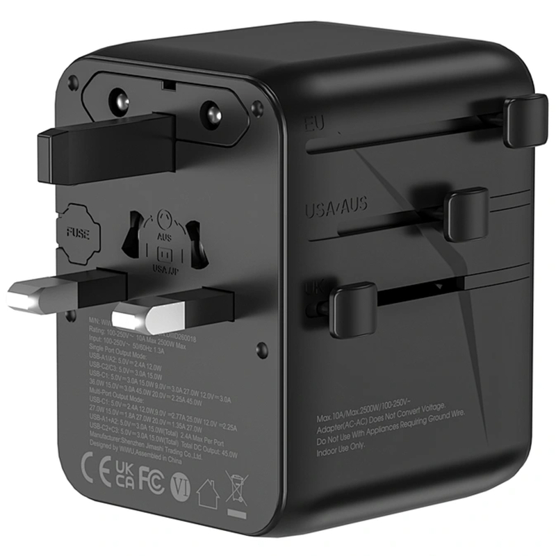 Мережевий універсальний перехідник WIWU UA010 Warrior GaN 45W + 2×USB-A / 3×USB-C Black
