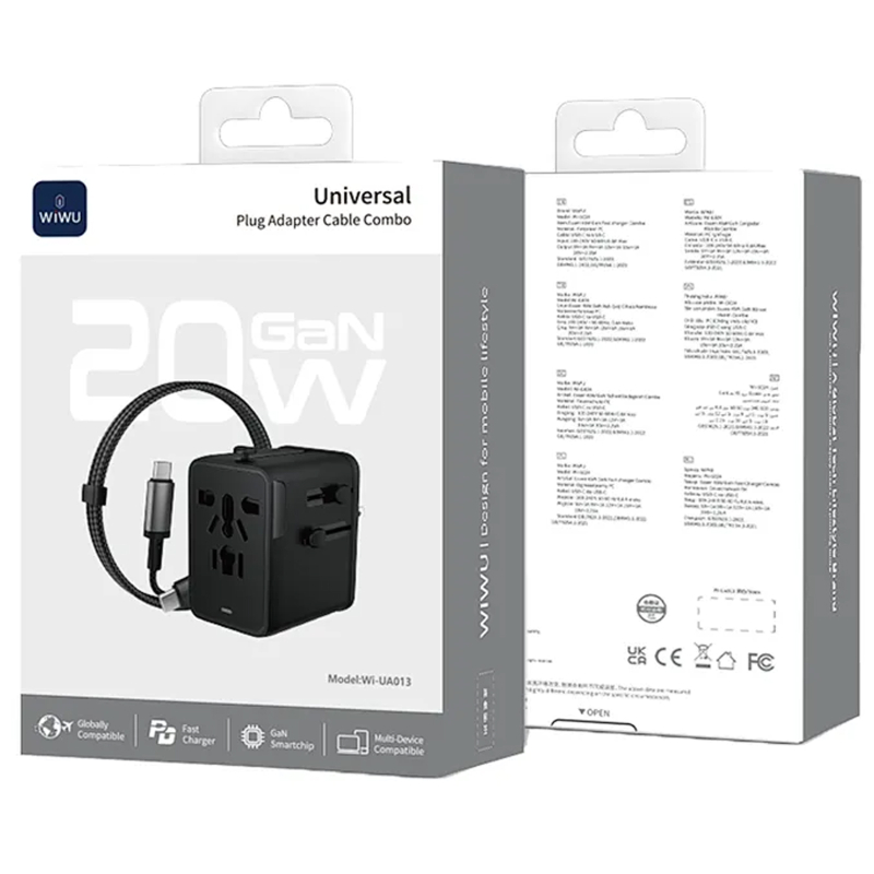 Мережевий універсальний перехідник WIWU UA013 20W GaN + 1×USB-A / 2×USB-C with retractable cable USB-C Black
