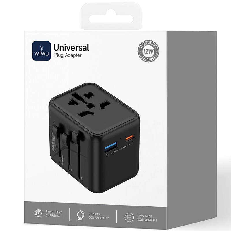 Мережевий універсальний перехідник WIWU UA012 Warrior 12W + 1×USB-A / 1×USB-C Black