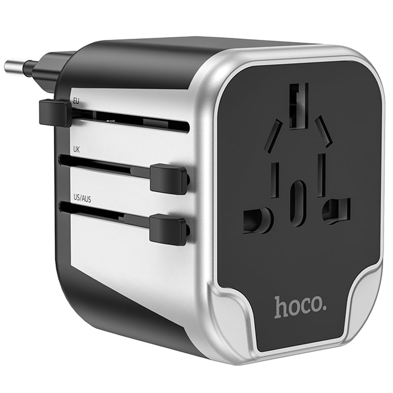 Мережевий універсальний перехідник Hoco AC5 Level 2×USB + Socket Black