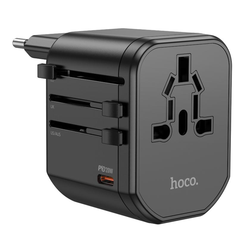 Мережевий універсальний перехідник Hoco AC15 Walker PD 20W + QC 3.0 (2×USB-A / 1×USB-C) (EU) Black