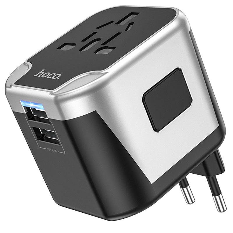 Мережевий універсальний перехідник Hoco AC5 Level 2×USB + Socket Black