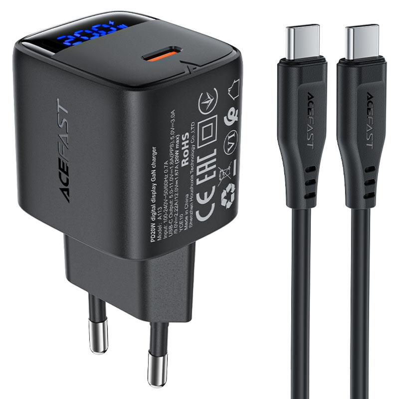 Мережевий зарядний пристрій Acefast A113 PD 20W GaN (1×USB-C) + кабель USB-C → USB-C Black
