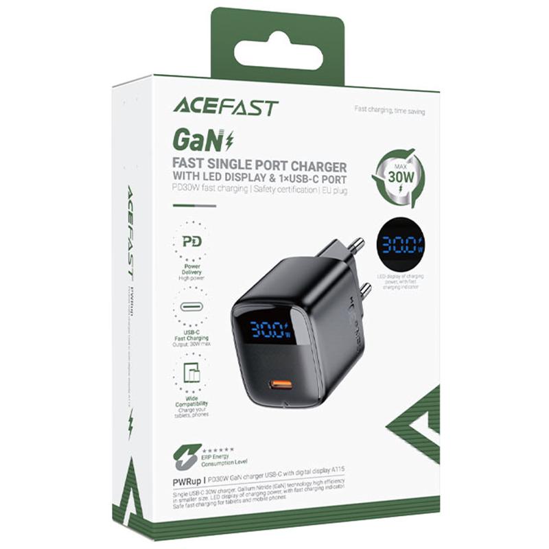 Мережевий зарядний пристрій Acefast A115 PD 30W GaN (1×USB-C) Black