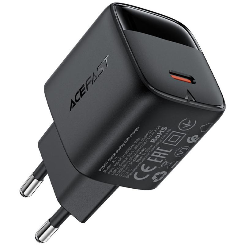 Мережевий зарядний пристрій Acefast A115 PD 30W GaN (1×USB-C) Black
