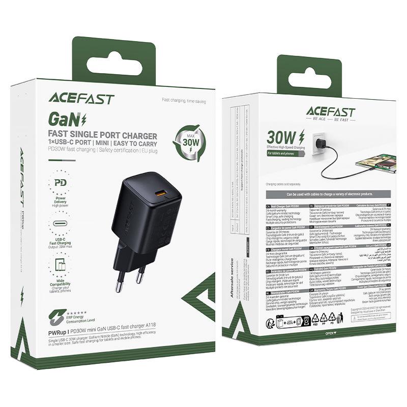 Мережевий зарядний пристрій Acefast A118 PD 30W GaN (1×USB-C) Black