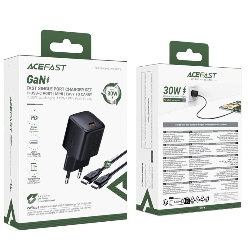 Мережевий зарядний пристрій Acefast A118 PD 30W GaN (1×USB-C) + кабель USB-C → USB-C Black