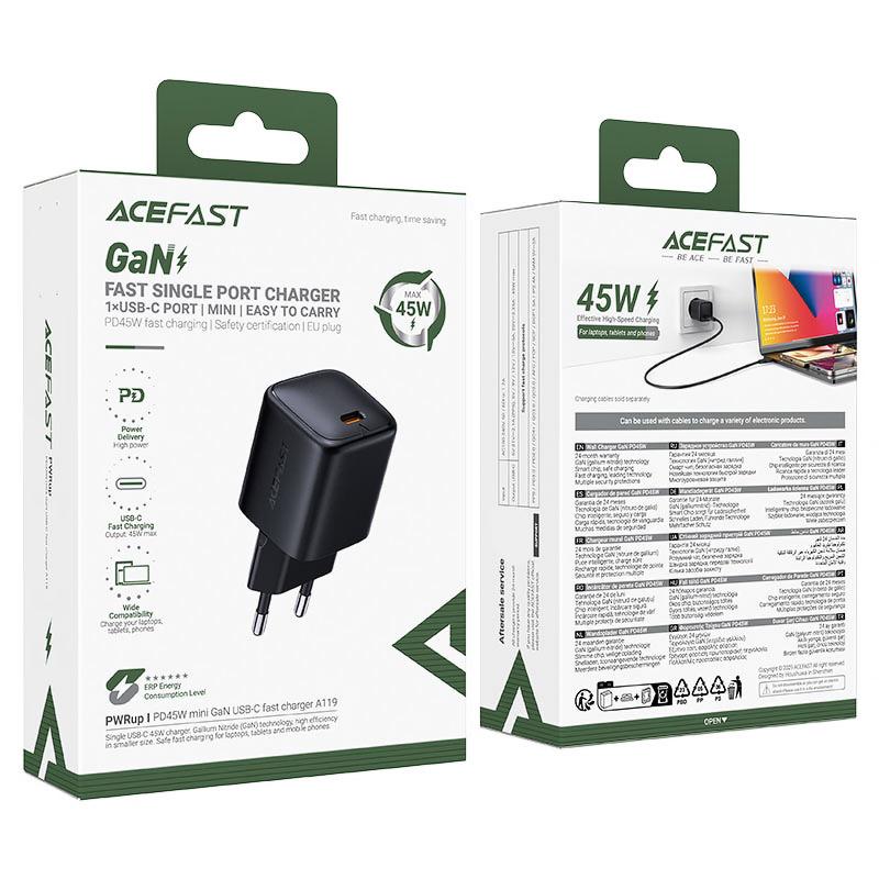 Мережевий зарядний пристрій Acefast A119 PD 45W GaN (1×USB-C) Black
