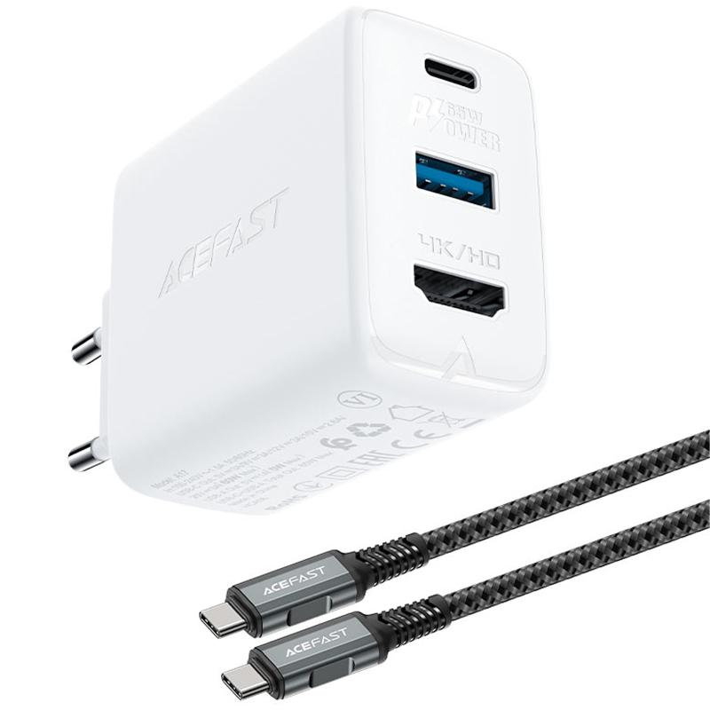 Мережевий зарядний пристрій Acefast A17 PD 65W GaN (1×USB-A / 1×USB-C/1HDMI) + кабель USB-C → USB-C