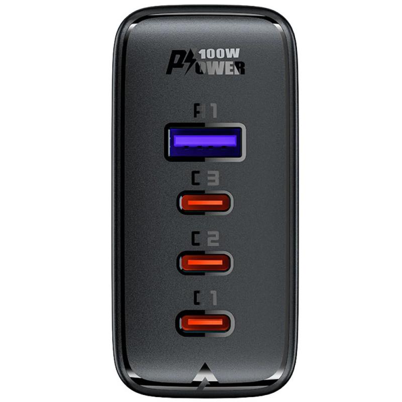Мережевий зарядний пристрій Acefast A37 PD 100W + QC 3.0 GaN (1×USB-A / 3×USB-C) + кабель USB-C → USB-C 2 м Black