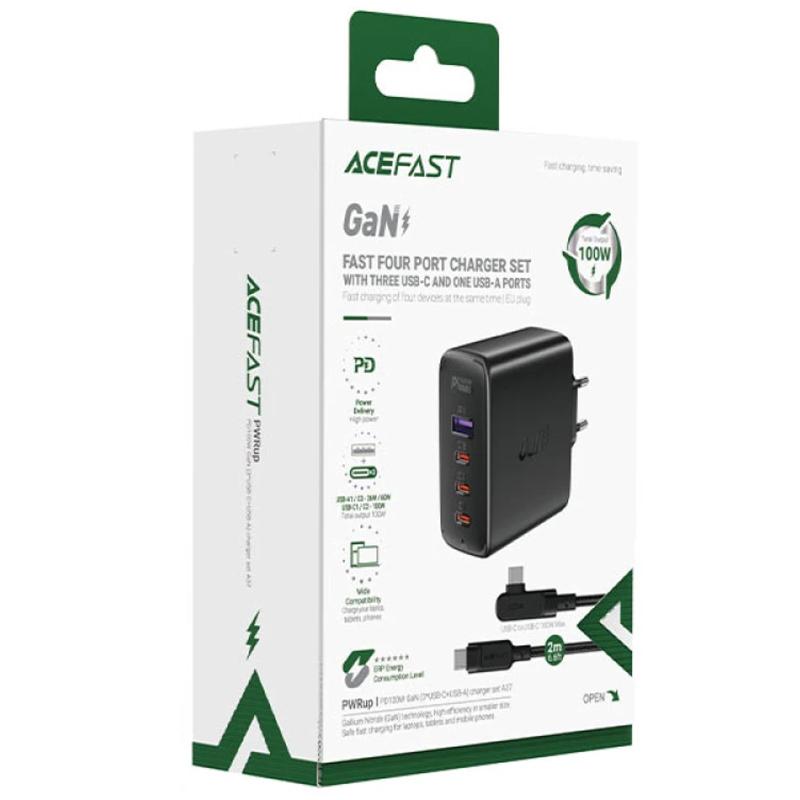 Мережевий зарядний пристрій Acefast A37 PD 100W + QC 3.0 GaN (1×USB-A / 3×USB-C) + кабель USB-C → USB-C 2 м Black