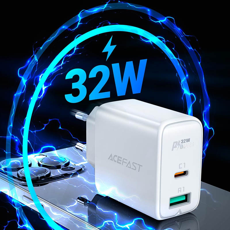 Мережевий зарядний пристрій Acefast A5 PD 32W + QC 3.0 (1×USB-A / 1×USB-C) White