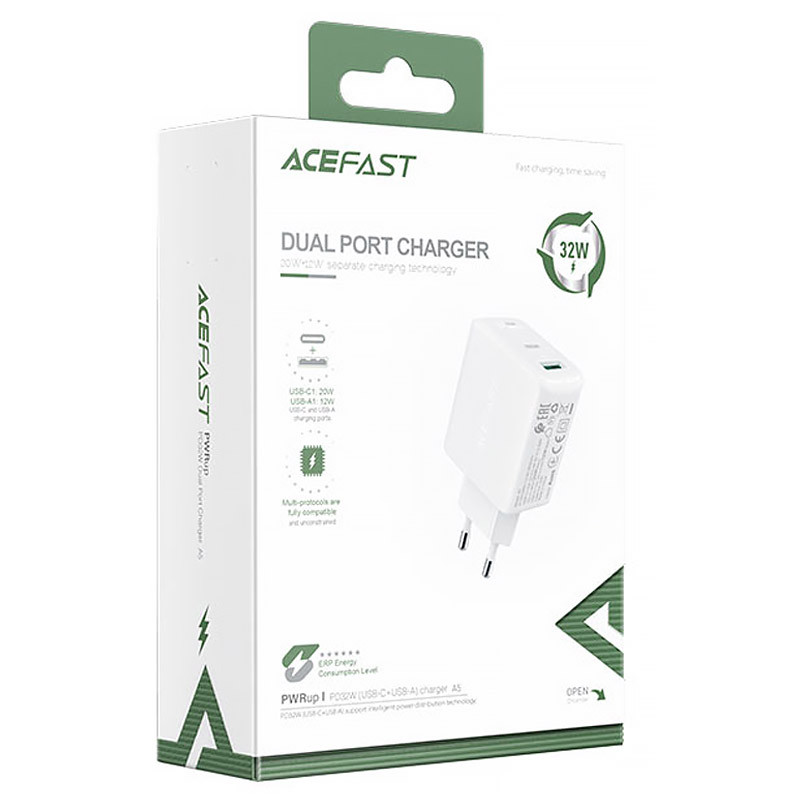 Мережевий зарядний пристрій Acefast A5 PD 32W + QC 3.0 (1×USB-A / 1×USB-C) White