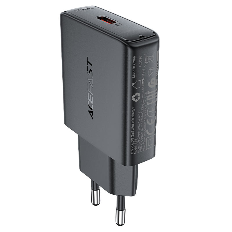 Мережевий зарядний пристрій Acefast A65 PD 20W GaN (USB-C) Black