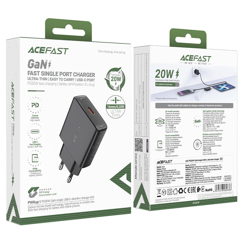 Мережевий зарядний пристрій Acefast A65 PD 20W GaN (USB-C) Black