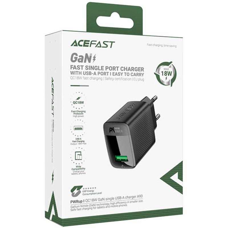 Мережевий зарядний пристрій Acefast A90 QC 3.0 18W (1×USB-A) Black