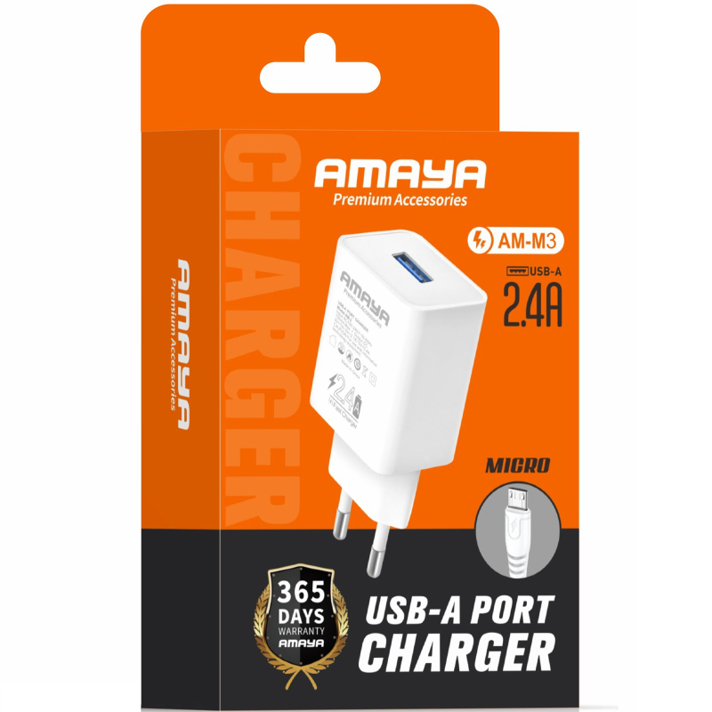 Мережевий зарядний пристрій Amaya C3 2.4 А (1×USB-A) + кабель USB to USB-C White