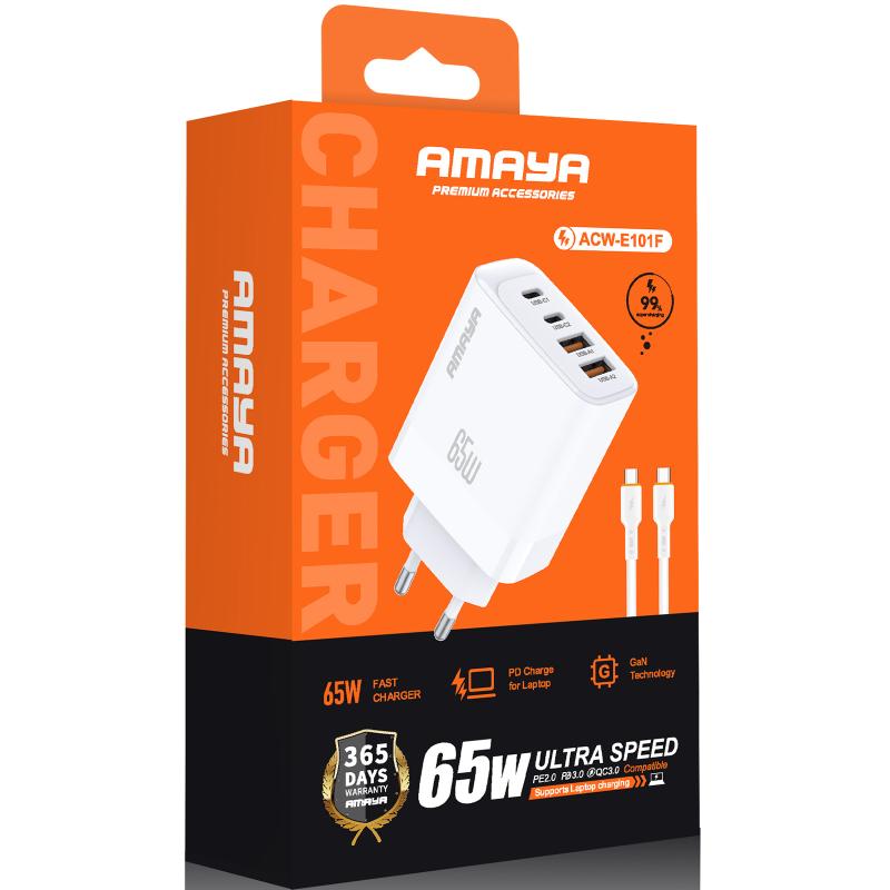 Мережевий зарядний пристрій Amaya E101F PD 65W + QC 3.0 GaN (2×USB-A / 2×USB-C) + кабель USB-C → USB-C White