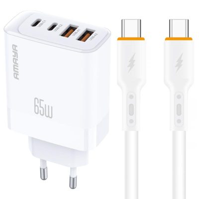 МЗП Amaya E101F PD65W+QC3.0 GaN (2USB-A/2C) + кабель Type-C to Type-C White