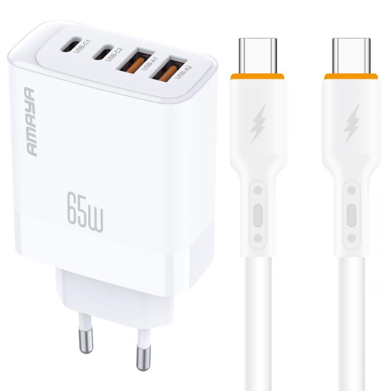Мережевий зарядний пристрій Amaya E101F PD 65W + QC 3.0 GaN (2×USB-A / 2×USB-C) + кабель USB-C → USB-C White
