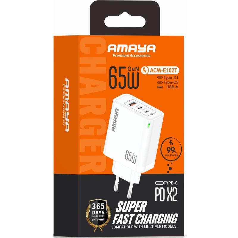 Мережевий зарядний пристрій Amaya E102T PD 65W + QC 3.0 GaN (1×USB-A / 2×USB-C) White