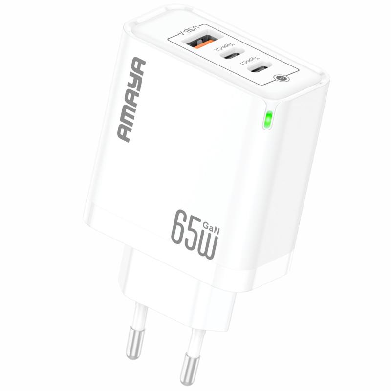 Мережевий зарядний пристрій Amaya E102T PD 65W + QC 3.0 GaN (1×USB-A / 2×USB-C) White