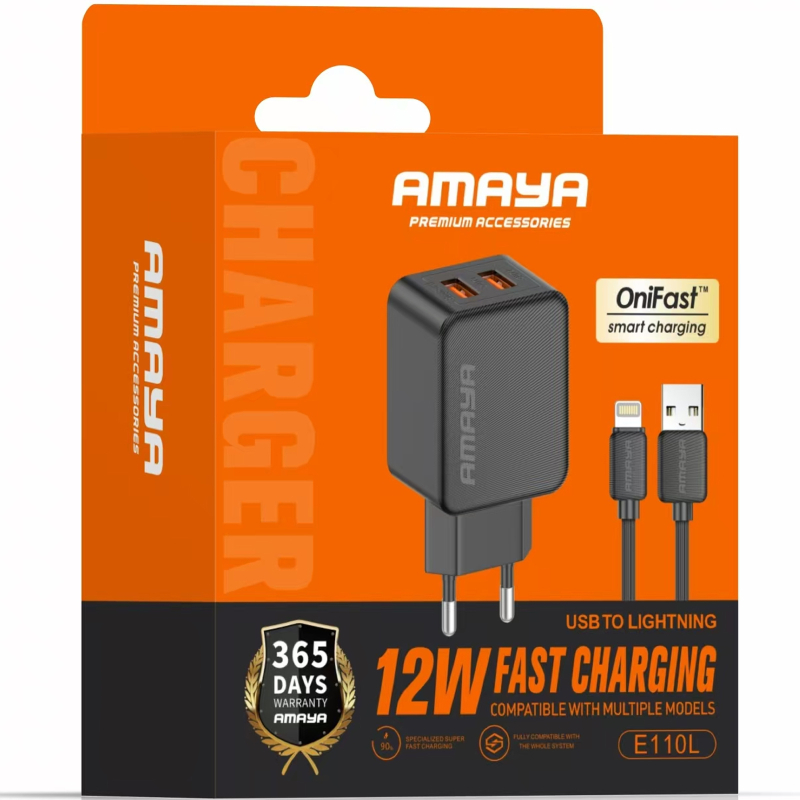 Мережевий зарядний пристрій Amaya E110L 2.4 А (2×USB-A) + кабель USB to Lightning Black