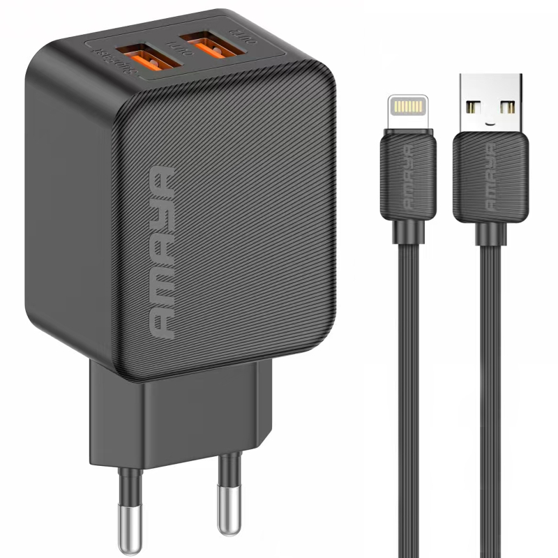 Мережевий зарядний пристрій Amaya E110L 2.4 А (2×USB-A) + кабель USB to Lightning Black