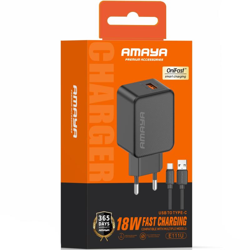 Мережевий зарядний пристрій Amaya E111U QC 3.0 18W (1×USB-A) + кабель USB to USB-C Black