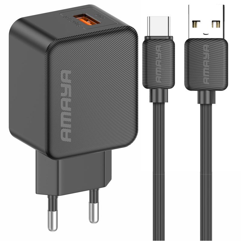 Мережевий зарядний пристрій Amaya E111U QC 3.0 18W (1×USB-A) + кабель USB to USB-C Black