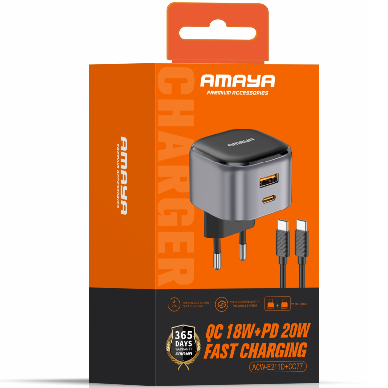 Мережевий зарядний пристрій Amaya E211D PD 20W + QC 3.0 (1×USB-A / 1×USB-C) + кабель USB-C → USB-C Black