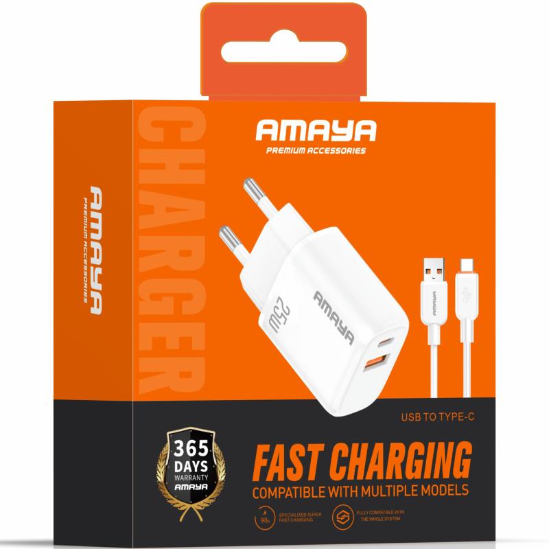 Мережевий зарядний пристрій Amaya E213D PD 25W + QC 3.0 (1×USB-A / 1×USB-C) + кабель USB to USB-C White
