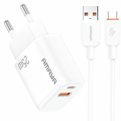 МЗП Amaya E213D PD25W+QC3.0 (1USB-A/1C) + кабель USB to Type-C White