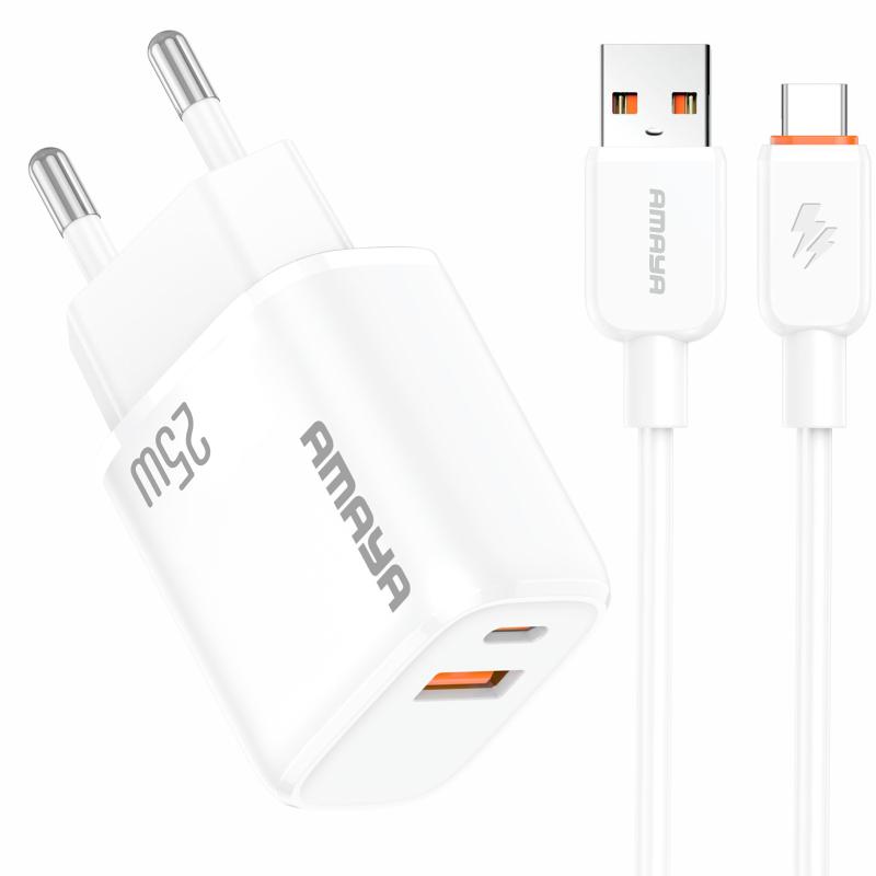 Мережевий зарядний пристрій Amaya E213D PD 25W + QC 3.0 (1×USB-A / 1×USB-C) + кабель USB to USB-C White