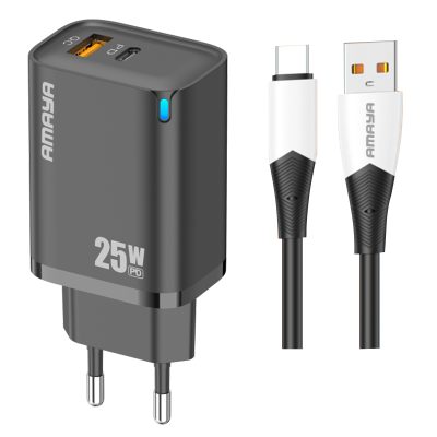 МЗП Amaya E215D PD25W+QC3.0 (1USB-A/1C) + кабель USB to Type-C Black