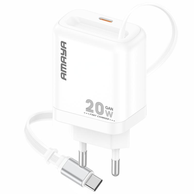 Мережевий зарядний пристрій Amaya E220S PD 20W GaN (1×USB-C) + Retractable Cable USB-C White