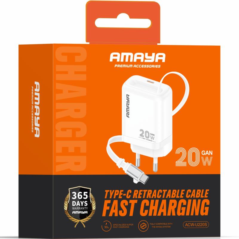 Мережевий зарядний пристрій Amaya E220S PD 20W GaN (1×USB-C) + Retractable Cable USB-C White