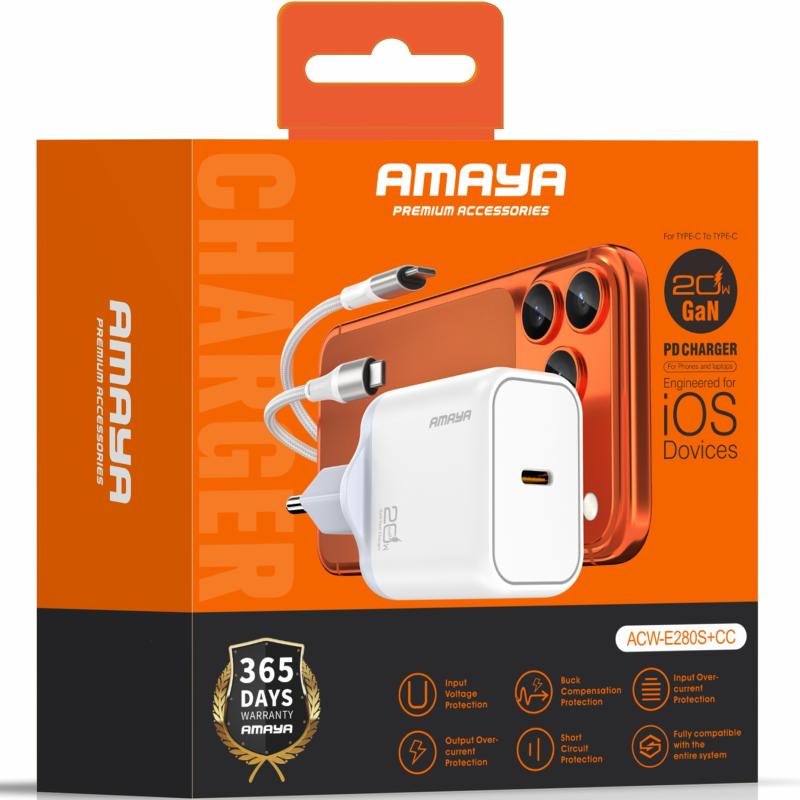 Мережевий зарядний пристрій Amaya E280S PD 20W GaN (1×USB-C) + кабель USB-C → USB-C White