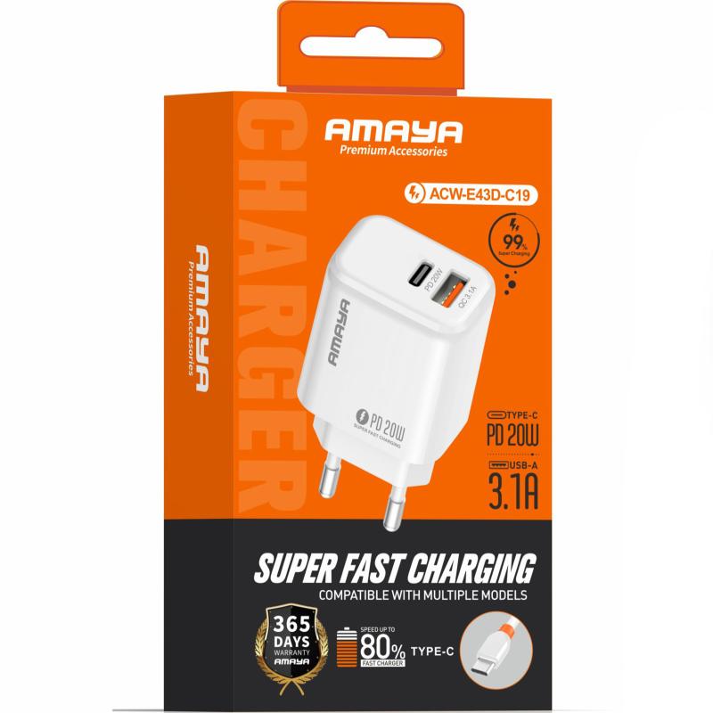 Мережевий зарядний пристрій Amaya E43D PD 20W (1×USB-A / 1×USB-C) + кабель USB to USB-C White